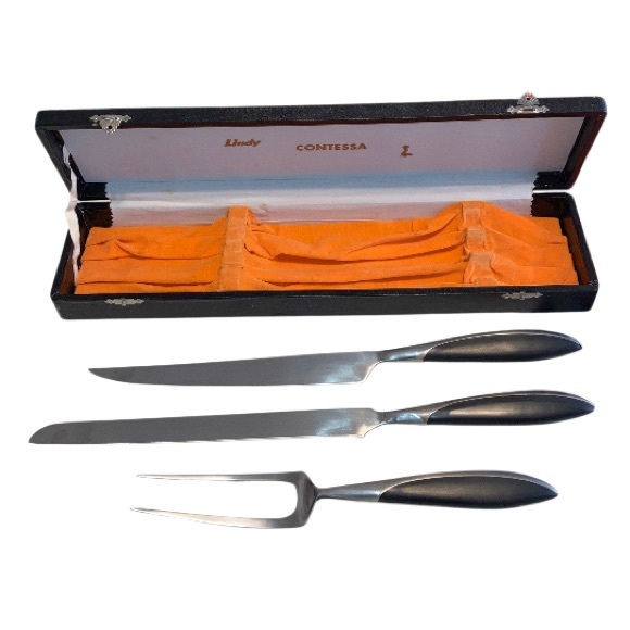 NOB VTG black bone inlay handles Lindy contessa JAPAN 3 piece carving set